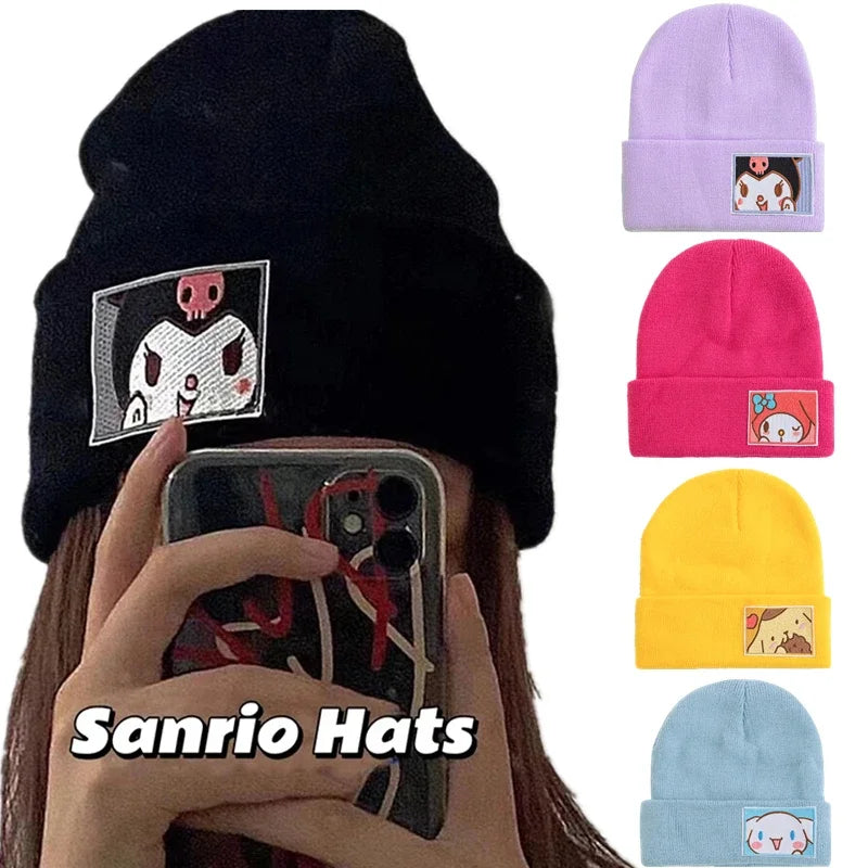 Hot Sale Saniro Hello Kitty Beanie Hat Dopamine Candy Color Cap Women Cute Cartoon Cinnamoroll Melody Kuromi Winter Knitted Hat